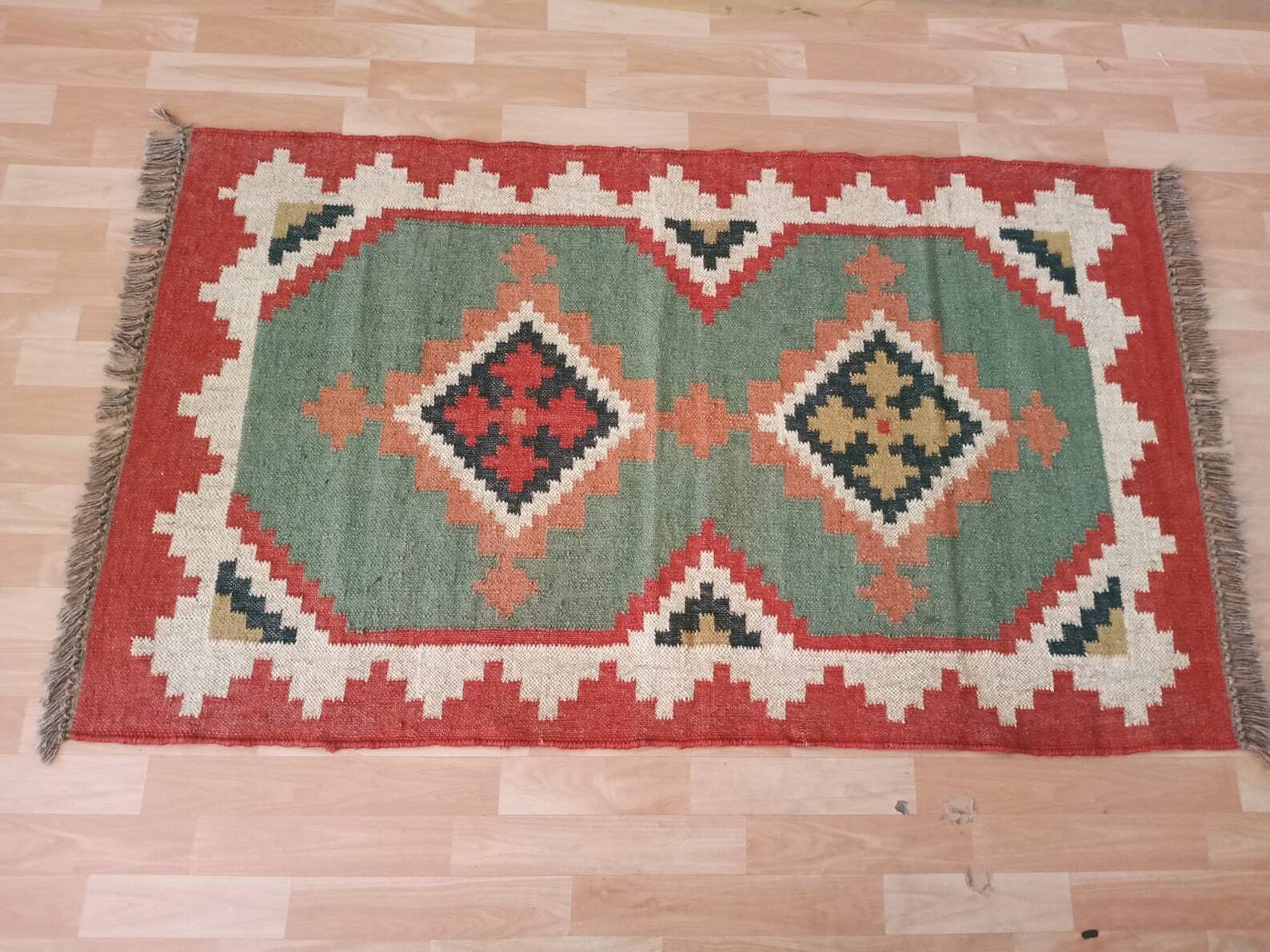 Wool Jute Rug Kilim Traditional Rustic Look Dhurrie Living Room Bedroom Carpet (KLM-52)