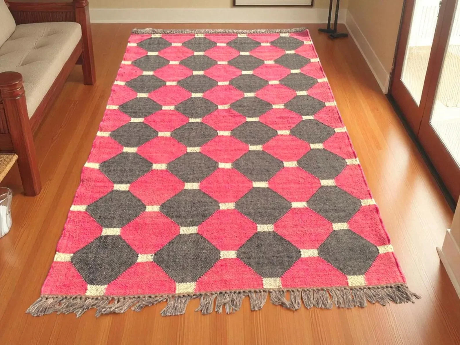 Wool Jute Rug Kilim Traditional Rustic Look Dhurrie Living Room Bedroom Carpet (KLM-23)