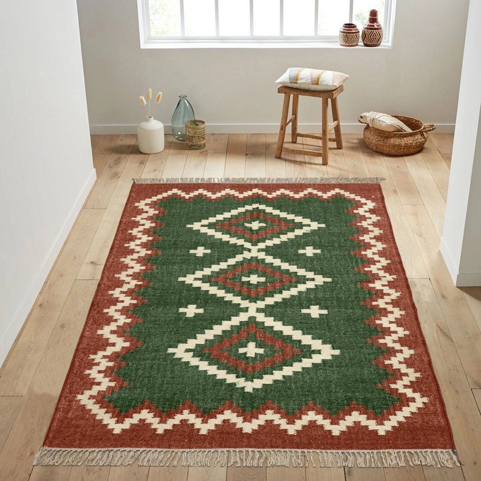 Wool Jute Rug Kilim Traditional Rustic Look Dhurrie Living Room Bedroom Carpet (KLM-53)