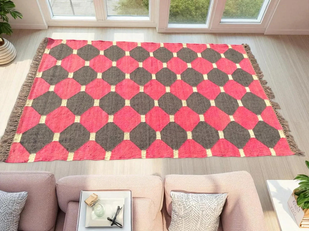 Wool Jute Rug Kilim Traditional Rustic Look Dhurrie Living Room Bedroom Carpet (KLM-23)