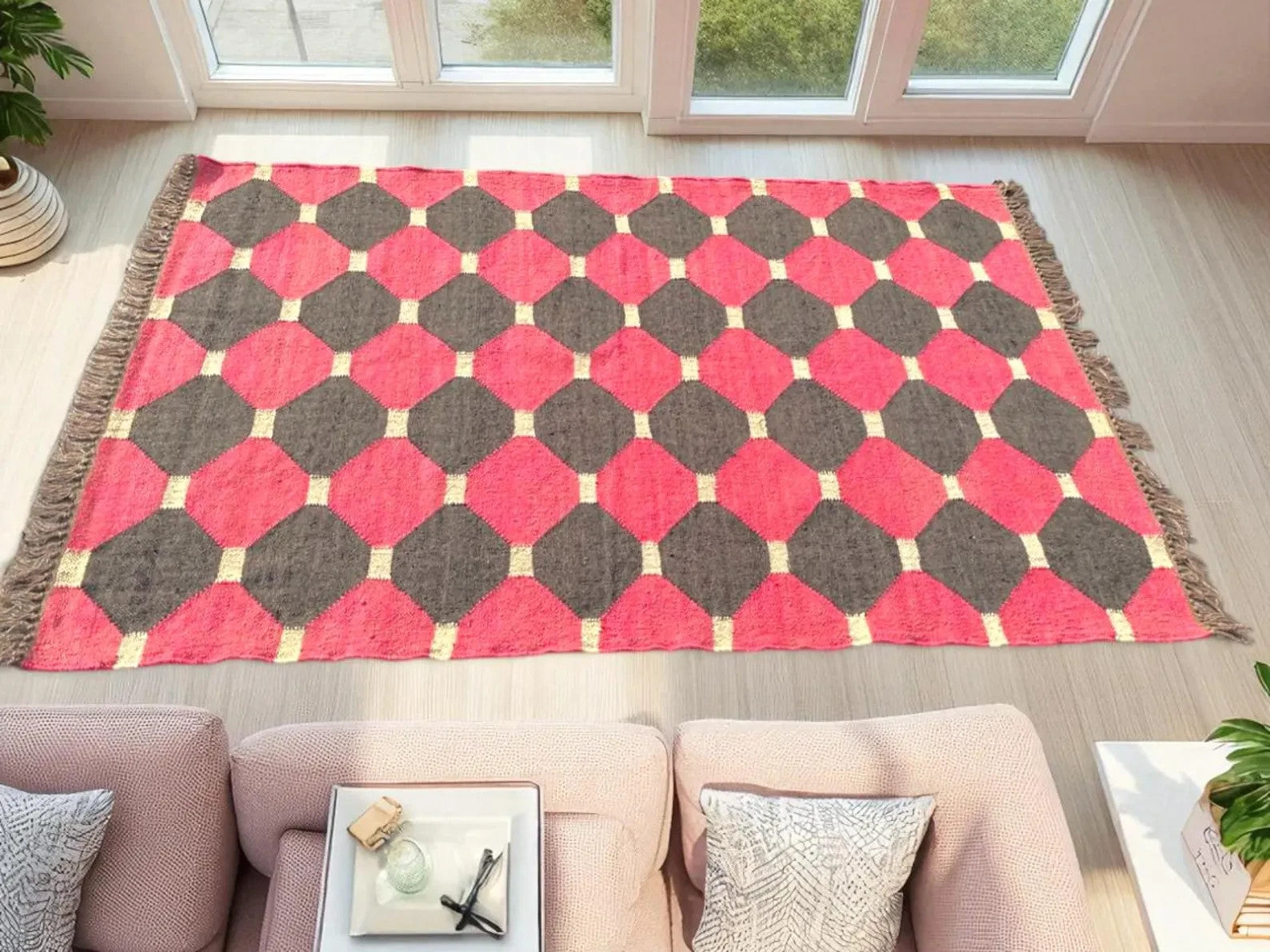 Wool Jute Rug Kilim Traditional Rustic Look Dhurrie Living Room Bedroom Carpet (KLM-23)