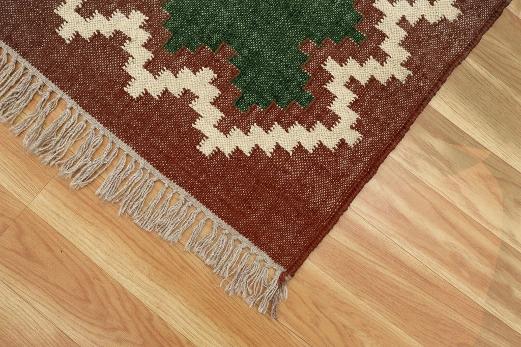 Wool Jute Rug Kilim Traditional Rustic Look Dhurrie Living Room Bedroom Carpet (KLM-53)