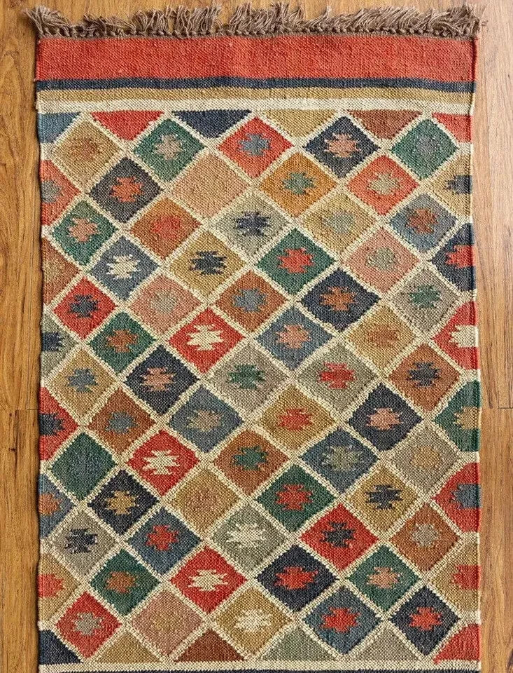 Wool Jute Rug Kilim Traditional Rustic Look Dhurrie Living Room Bedroom Carpet (KLM-54)