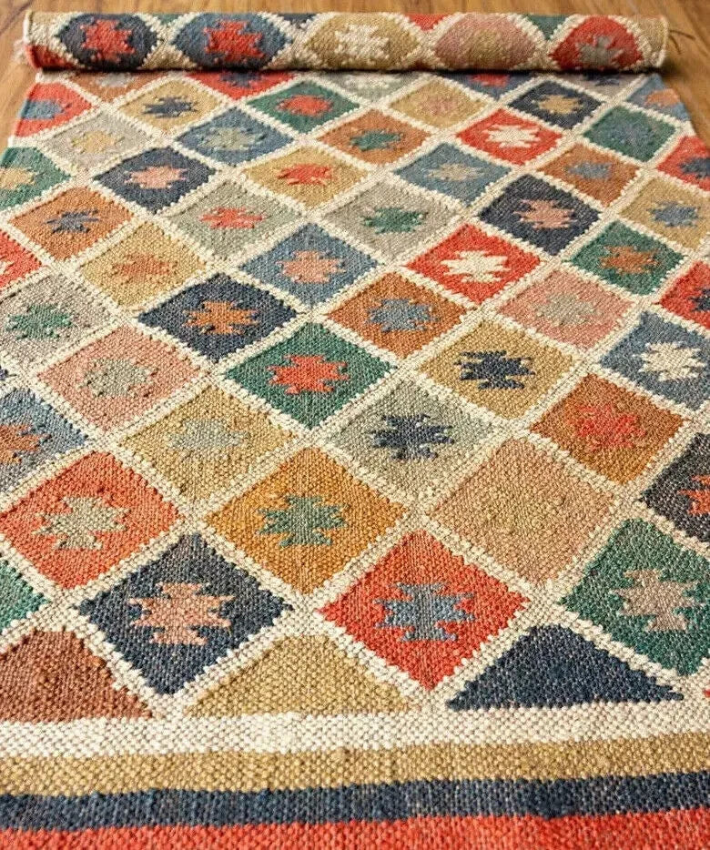 Wool Jute Rug Kilim Traditional Rustic Look Dhurrie Living Room Bedroom Carpet (KLM-54)