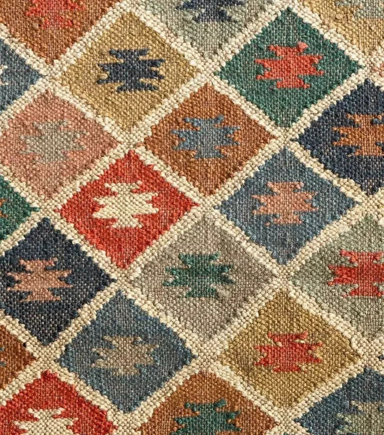 Wool Jute Rug Kilim Traditional Rustic Look Dhurrie Living Room Bedroom Carpet (KLM-54)