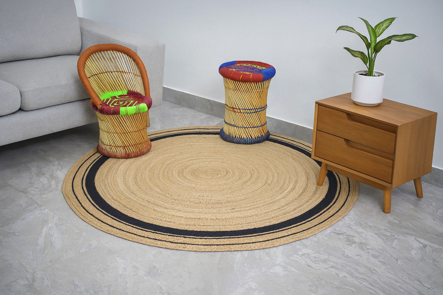 Ripaz Vogue - Tapis rond en jute tressé à la main aspect rustique beige avec bordure jaune 