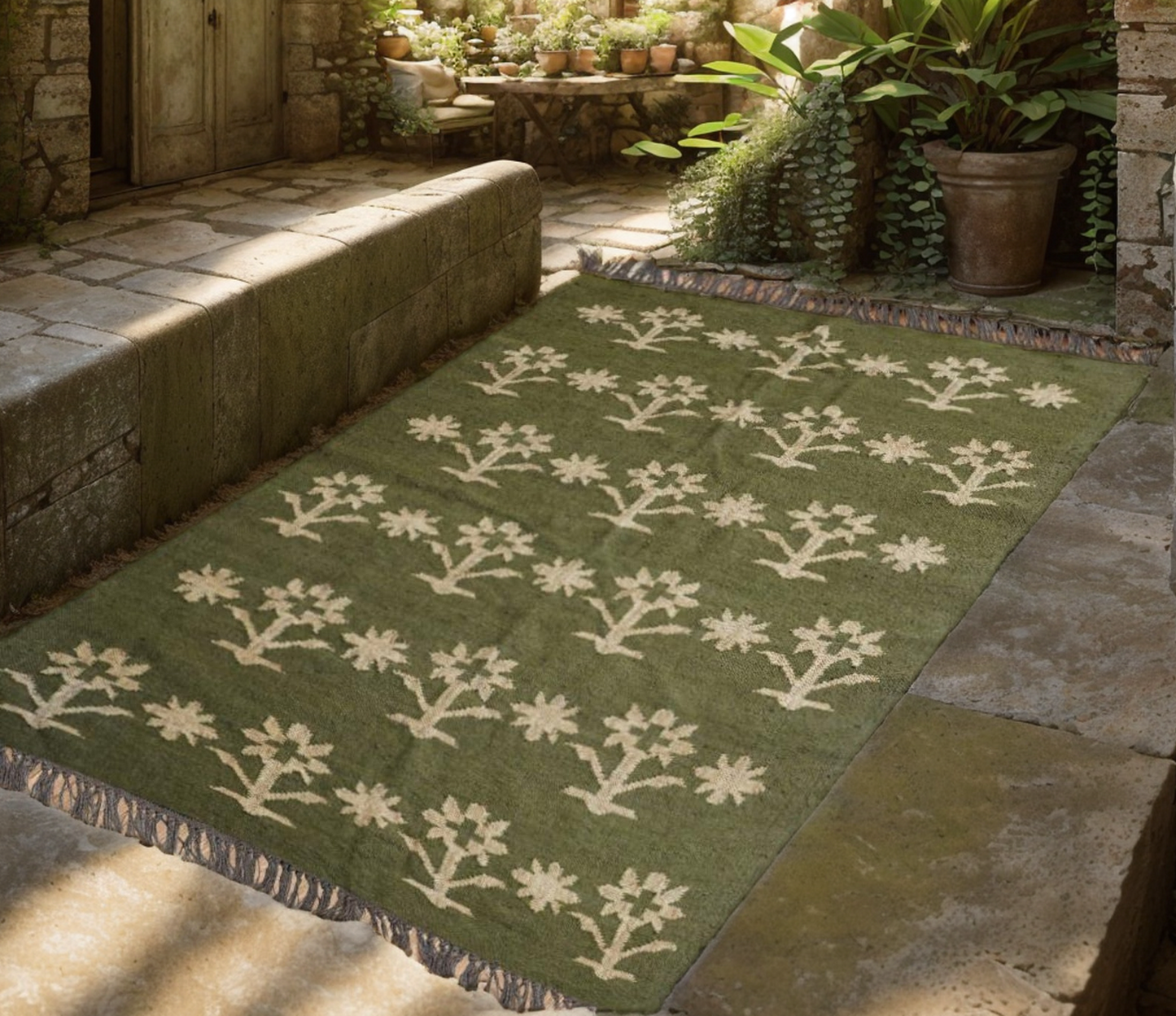 Wool Jute Rug Kilim Traditional Rustic Look Dhurrie Living Room Bedroom Carpet (KLM-55)