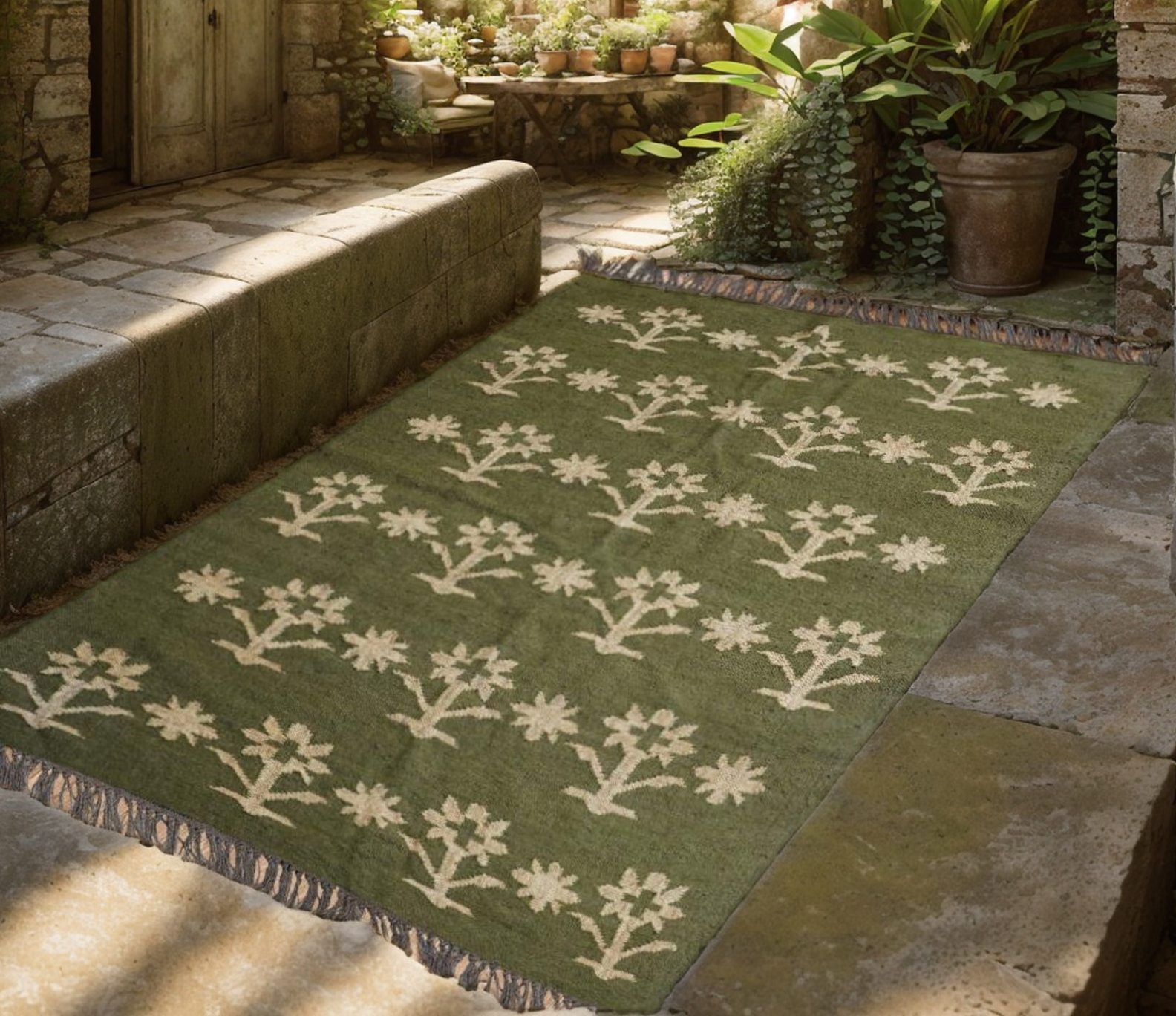 Wool Jute Rug Kilim Traditional Rustic Look Dhurrie Living Room Bedroom Carpet (KLM-55)