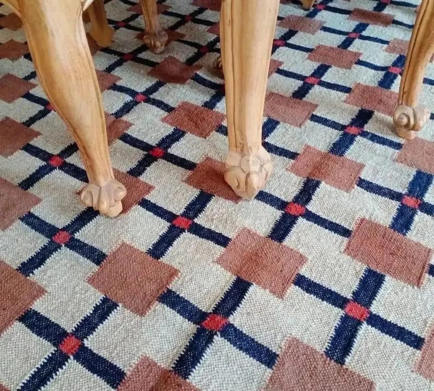 Wool Jute Rug Kilim Traditional Rustic Look Dhurrie Living Room Bedroom Carpet (KLM-25)