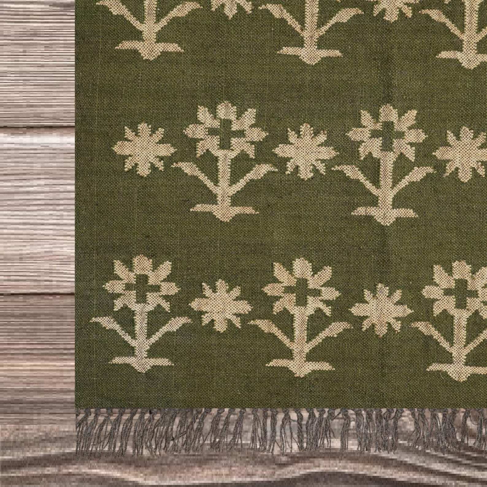 Wool Jute Rug Kilim Traditional Rustic Look Dhurrie Living Room Bedroom Carpet (KLM-55)