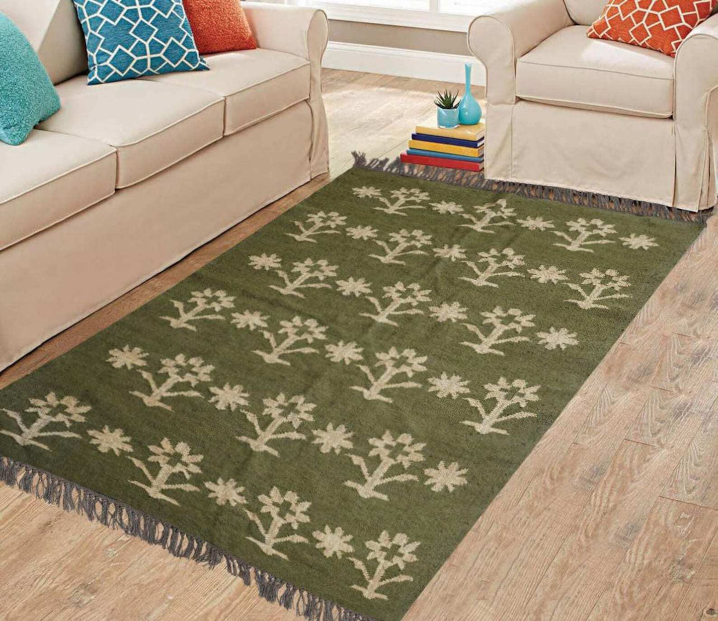 Wool Jute Rug Kilim Traditional Rustic Look Dhurrie Living Room Bedroom Carpet (KLM-55)
