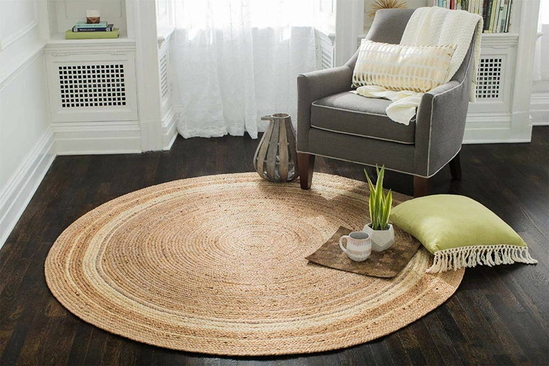 Handmade Round Jute Area Rug Boho Farmhouse Floor Carpet