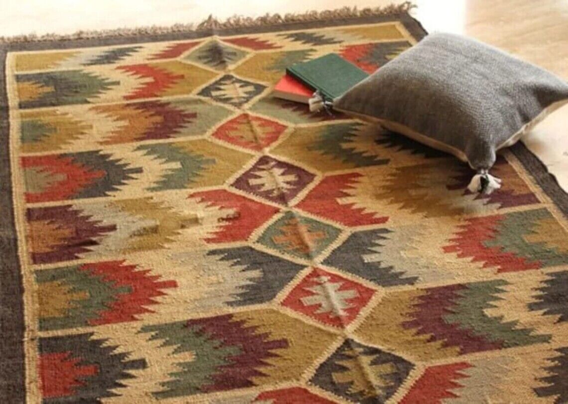 Ripaz Vogue Jute-Teppich, rechteckig, handgeflochten, modernes Design, für Wohnzimmer, Blau und Beige 