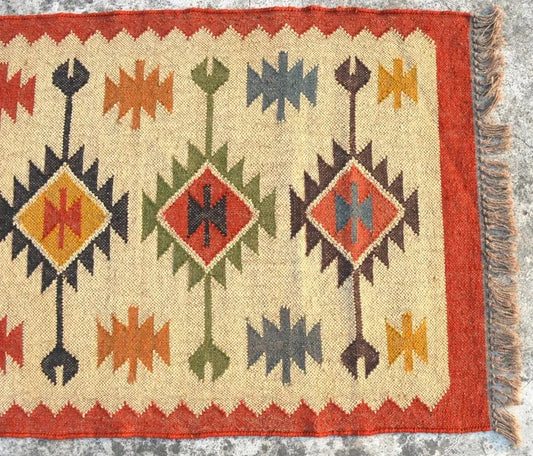 Wool Jute Rug Kilim Traditional Rustic Look Dhurrie Living Room Bedroom Carpet (KLM-56)