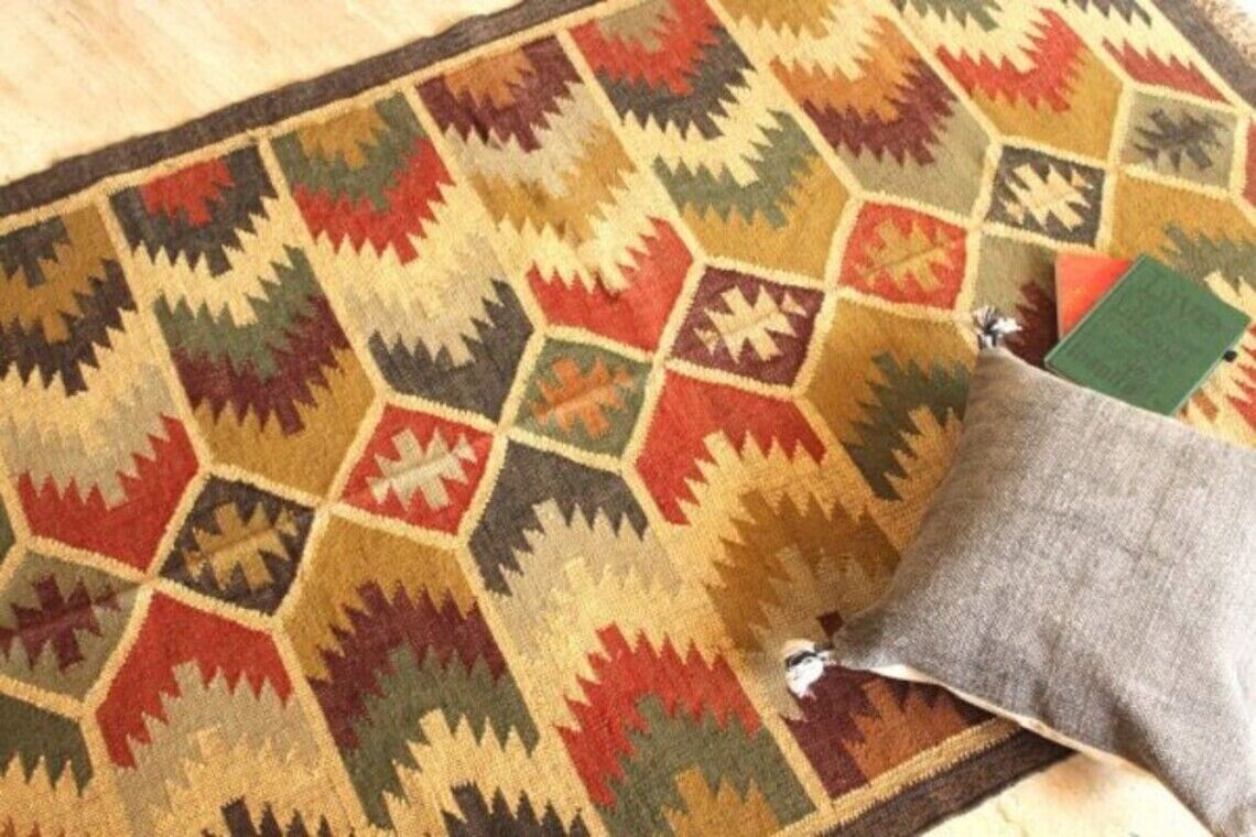 Ripaz Vogue Jute-Teppich, rechteckig, handgeflochten, modernes Design, für Wohnzimmer, Blau und Beige 