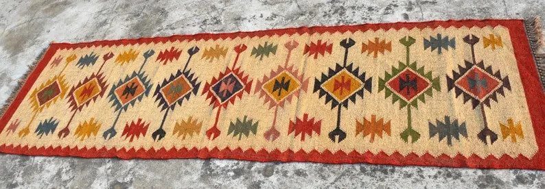 Wool Jute Rug Kilim Traditional Rustic Look Dhurrie Living Room Bedroom Carpet (KLM-56)