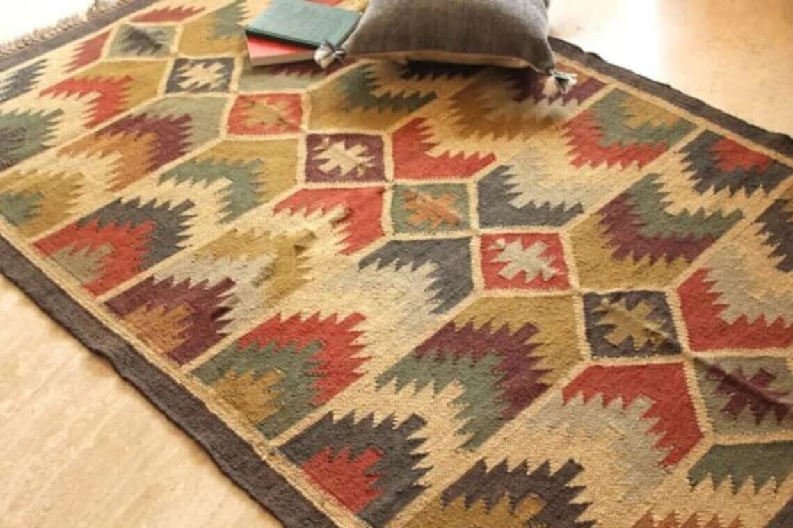 Wool Jute Rug Kilim Traditional Rustic Look Dhurrie Living Room Bedroom Carpet (KLM-26)