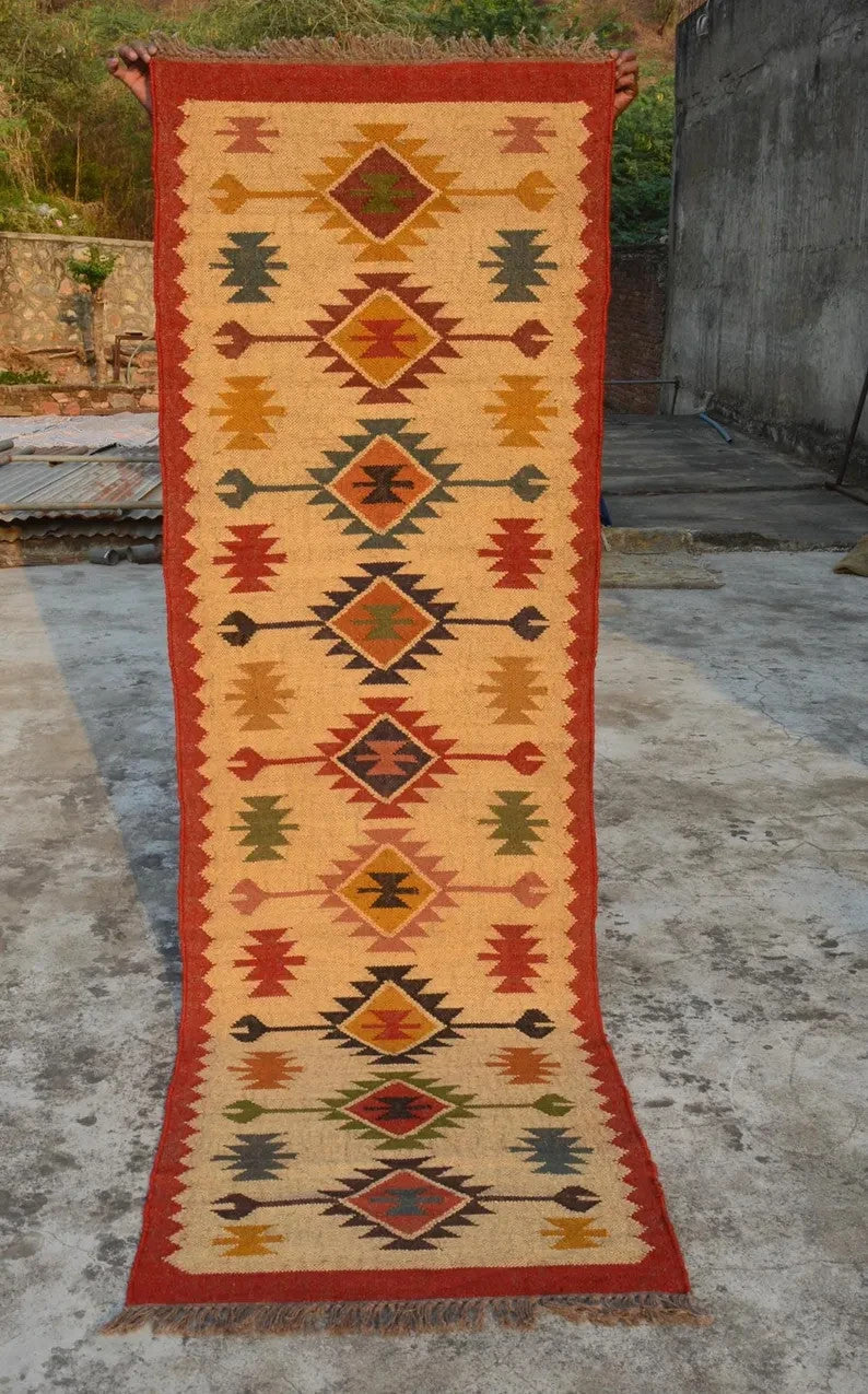 Wool Jute Rug Kilim Traditional Rustic Look Dhurrie Living Room Bedroom Carpet (KLM-56)