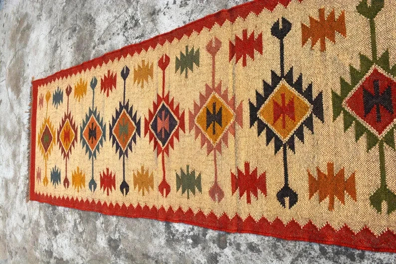 Wool Jute Rug Kilim Traditional Rustic Look Dhurrie Living Room Bedroom Carpet (KLM-56)