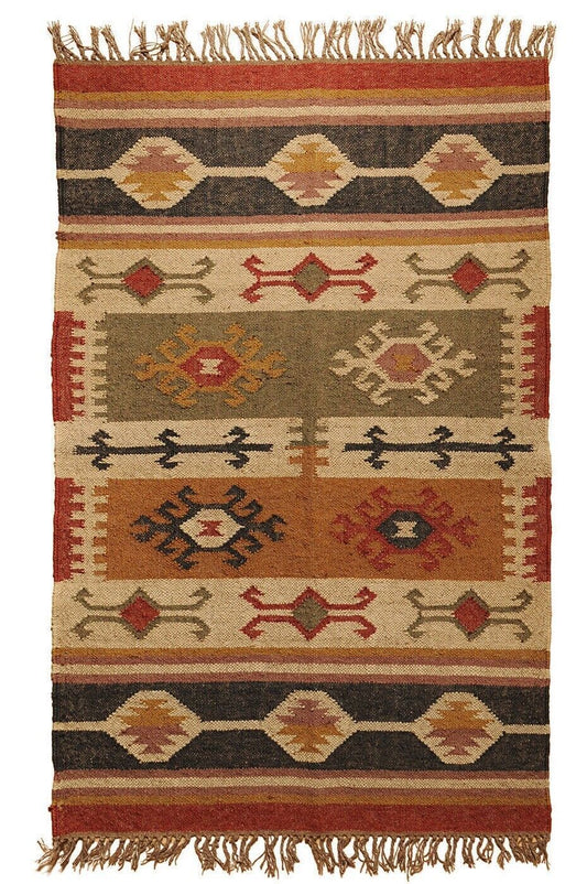 Wool Jute Rug Kilim Traditional Rustic Look Dhurrie Living Room Bedroom Carpet (KLM-57)