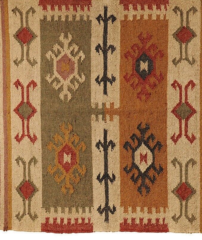 Wool Jute Rug Kilim Traditional Rustic Look Dhurrie Living Room Bedroom Carpet (KLM-57)