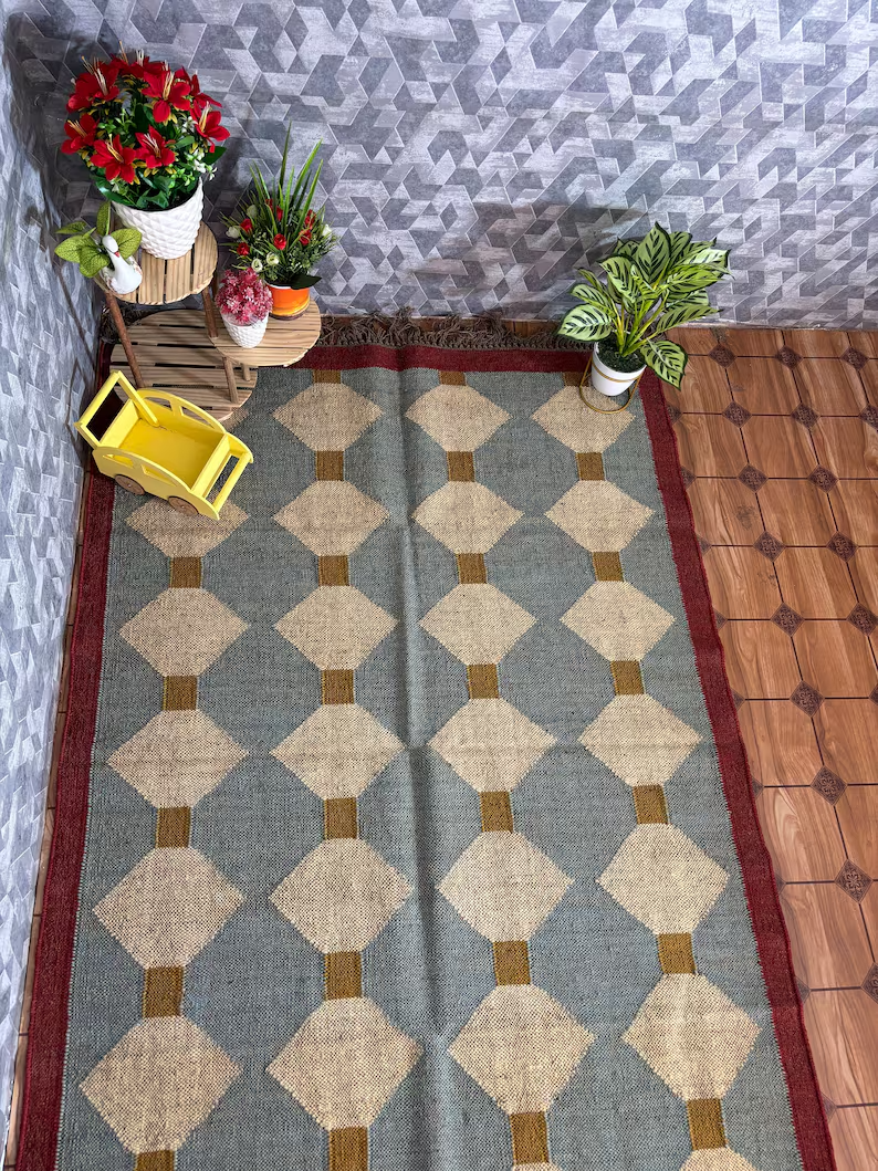 Wool Jute Rug Kilim Traditional Rustic Look Dhurrie Living Room Bedroom Carpet (KLM-27)