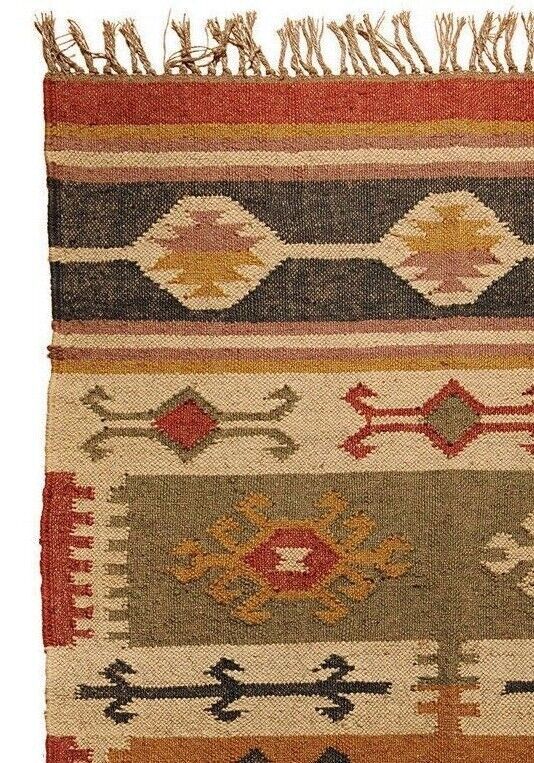 Wool Jute Rug Kilim Traditional Rustic Look Dhurrie Living Room Bedroom Carpet (KLM-57)