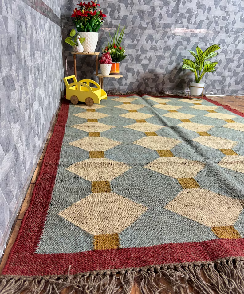 Ripaz Vogue Jute-Teppich, rechteckig, handgeflochten, modernes Design, für Wohnzimmer, Blau und Beige 
