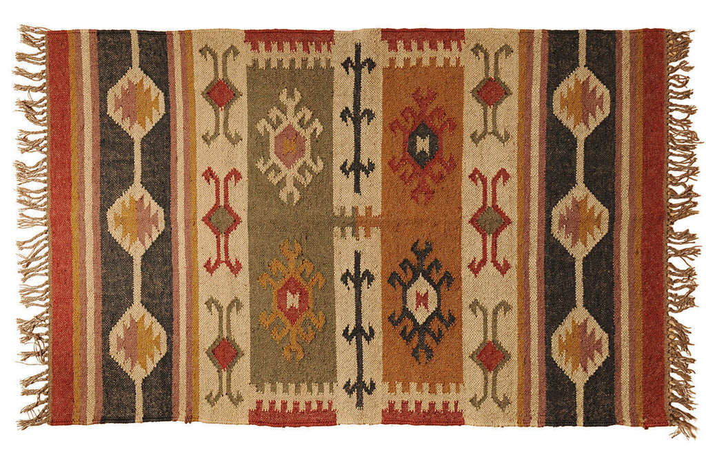 Wool Jute Rug Kilim Traditional Rustic Look Dhurrie Living Room Bedroom Carpet (KLM-57)
