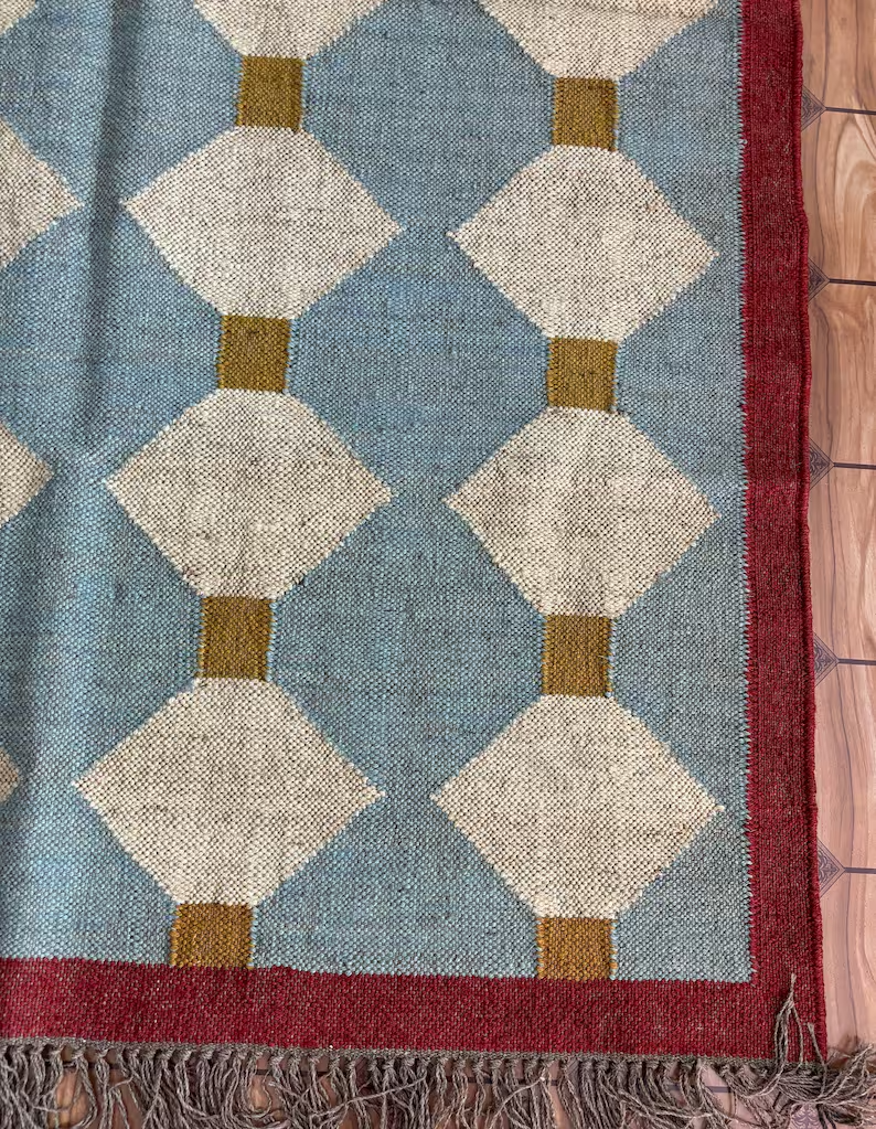 Wool Jute Rug Kilim Traditional Rustic Look Dhurrie Living Room Bedroom Carpet (KLM-27)