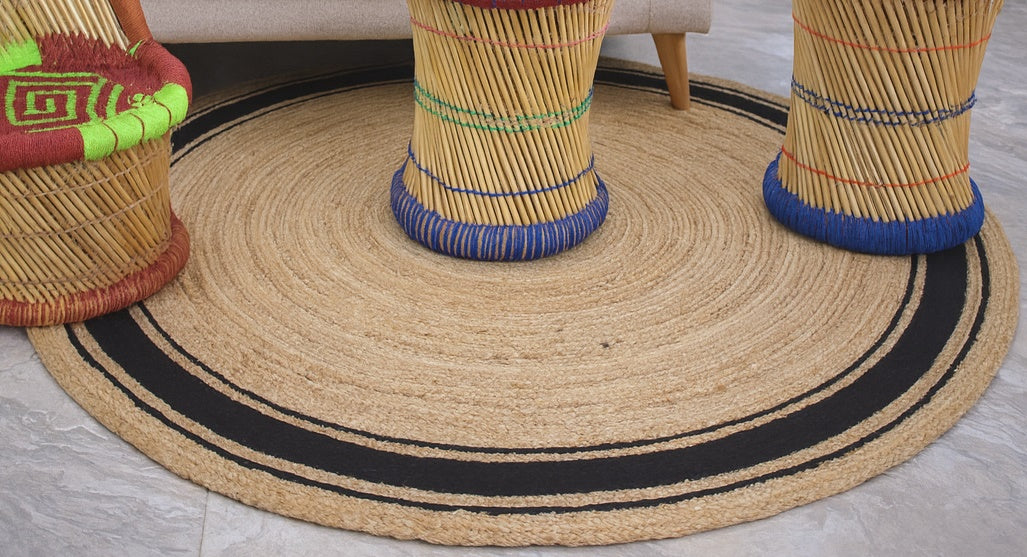 Ripaz Vogue - Tapis rond en jute tressé à la main aspect rustique beige avec bordure jaune 
