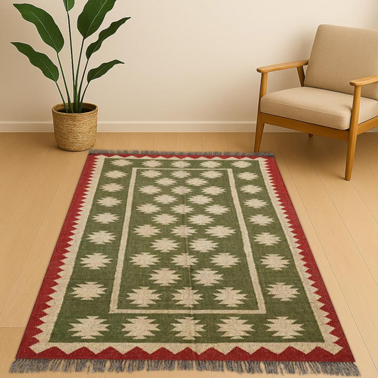 Wool Jute Rug Kilim Traditional Rustic Look Dhurrie Living Room Bedroom Carpet (KLM-28)