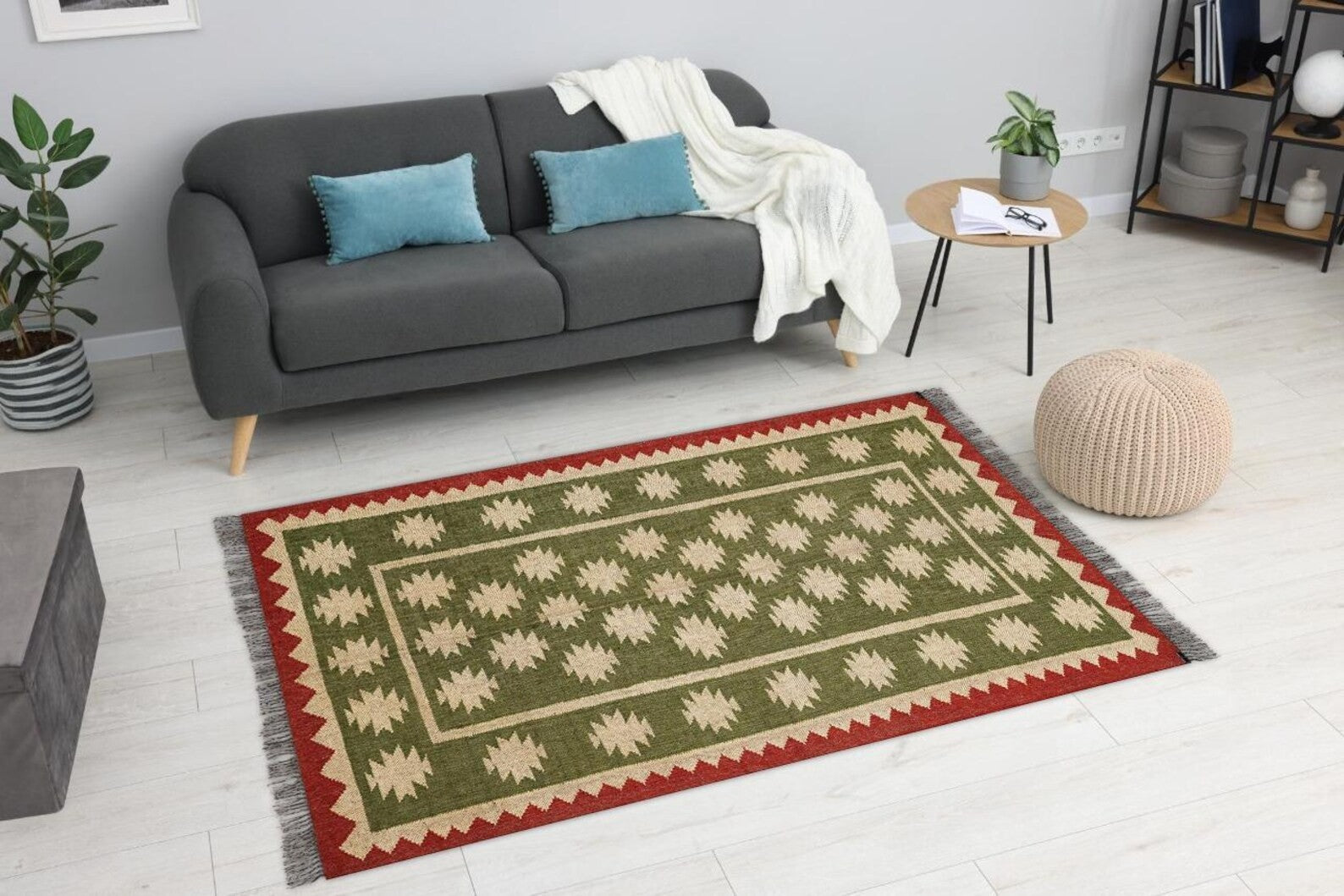 Wool Jute Rug Kilim Traditional Rustic Look Dhurrie Living Room Bedroom Carpet (KLM-28)