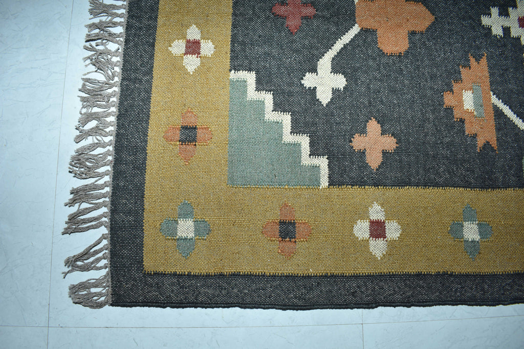 Wool Jute Rug Kilim Traditional Rustic Look Dhurrie Living Room Bedroom Carpet (KLM-06)