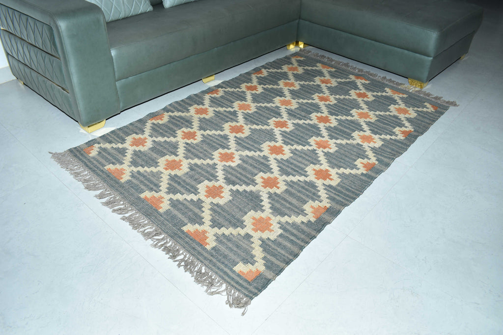 Wool Jute Rug Kilim Traditional Rustic Look Dhurrie Living Room Bedroom Carpet (KLM-05)