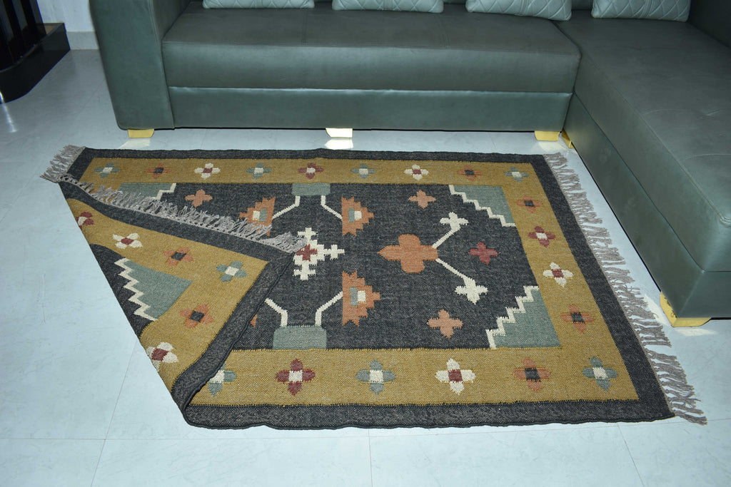 Wool Jute Rug Kilim Traditional Rustic Look Dhurrie Living Room Bedroom Carpet (KLM-06)