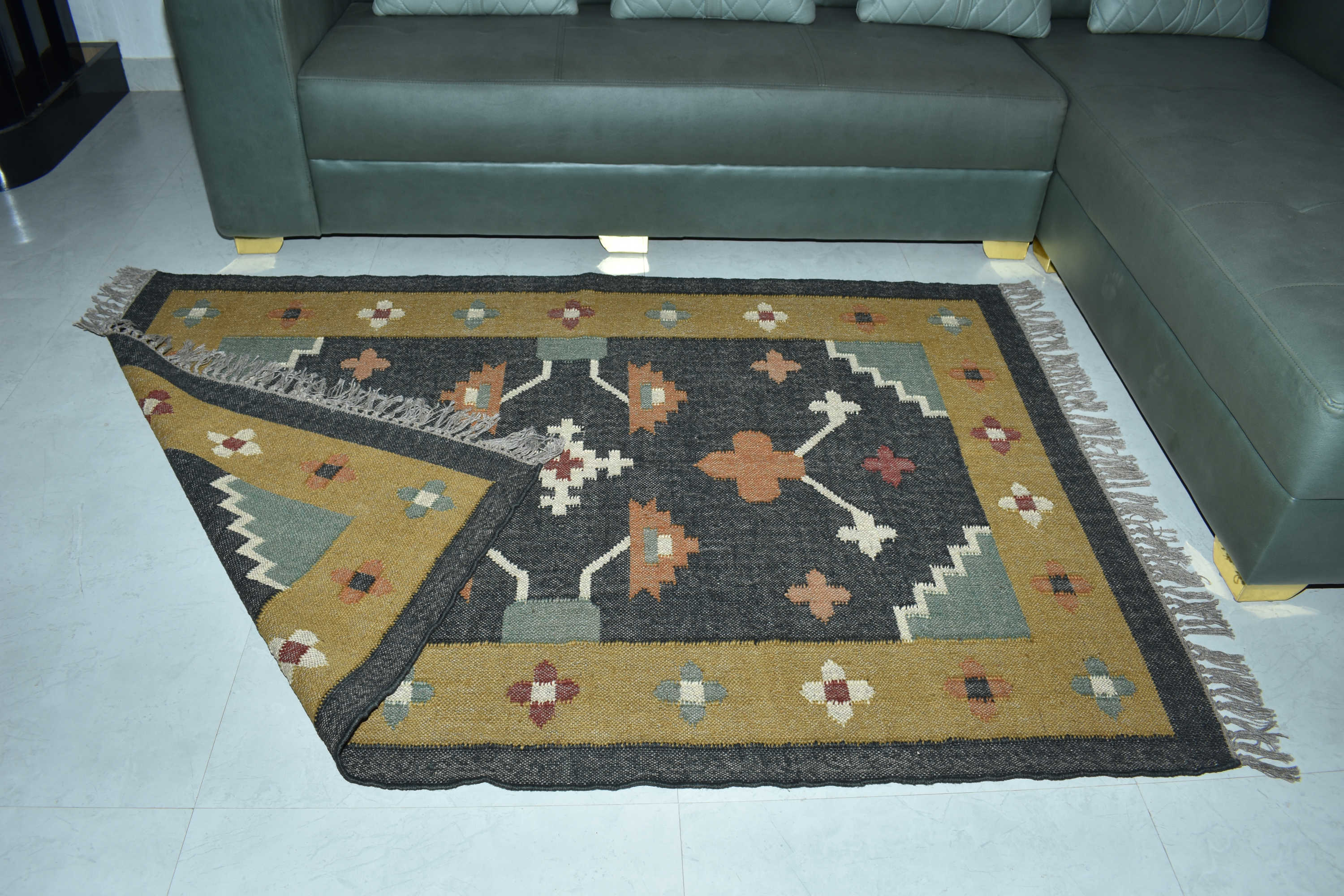 Wool Jute Rug Kilim Traditional Rustic Look Dhurrie Living Room Bedroom Carpet (KLM-06)