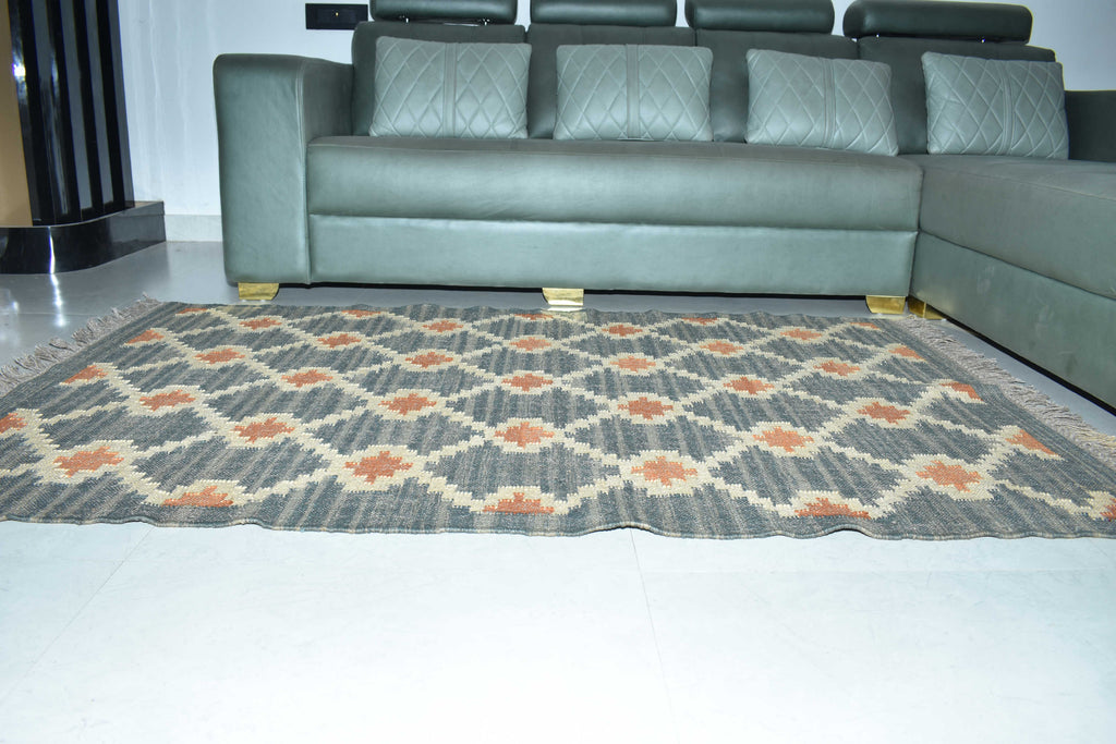Wool Jute Rug Kilim Traditional Rustic Look Dhurrie Living Room Bedroom Carpet (KLM-05)