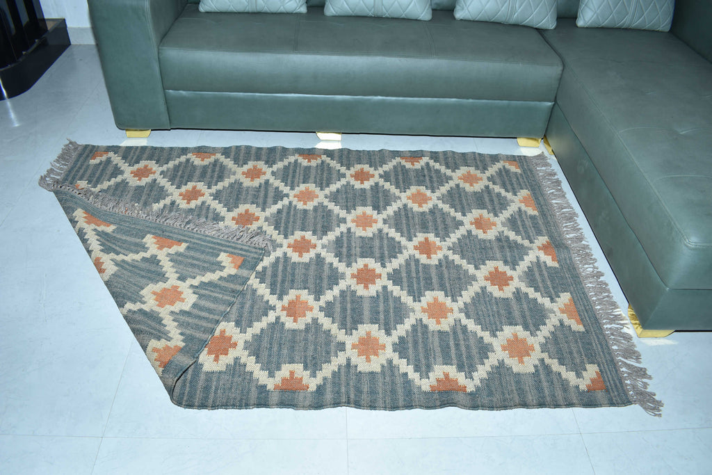 Wool Jute Rug Kilim Traditional Rustic Look Dhurrie Living Room Bedroom Carpet (KLM-05)