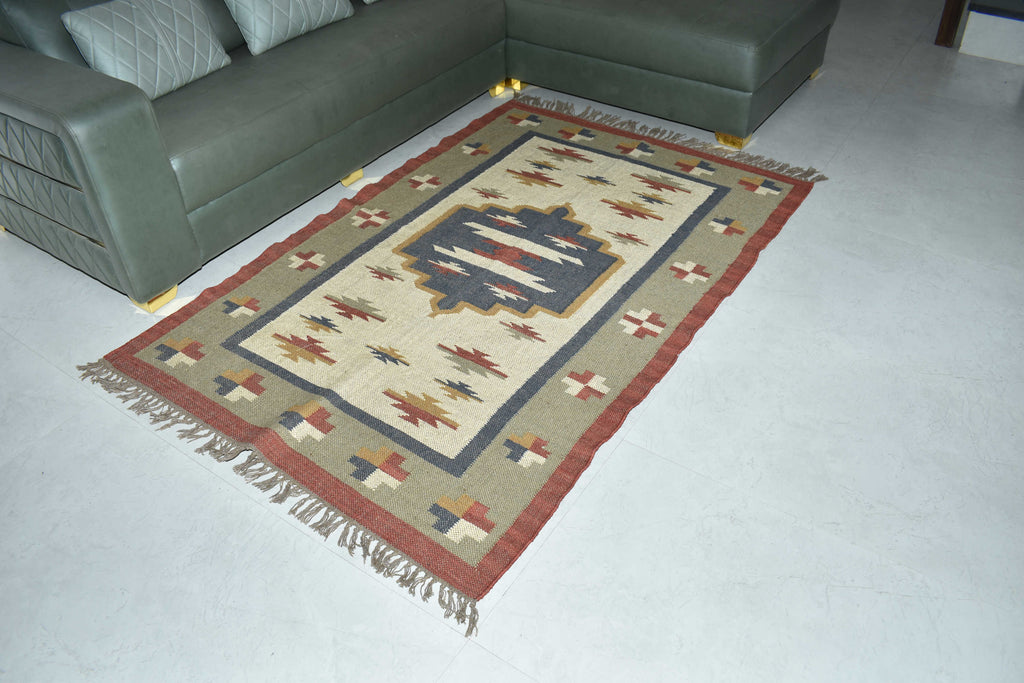 Wool Jute Rug Kilim Traditional Rustic Look Dhurrie Living Room Bedroom Carpet (KLM-08)