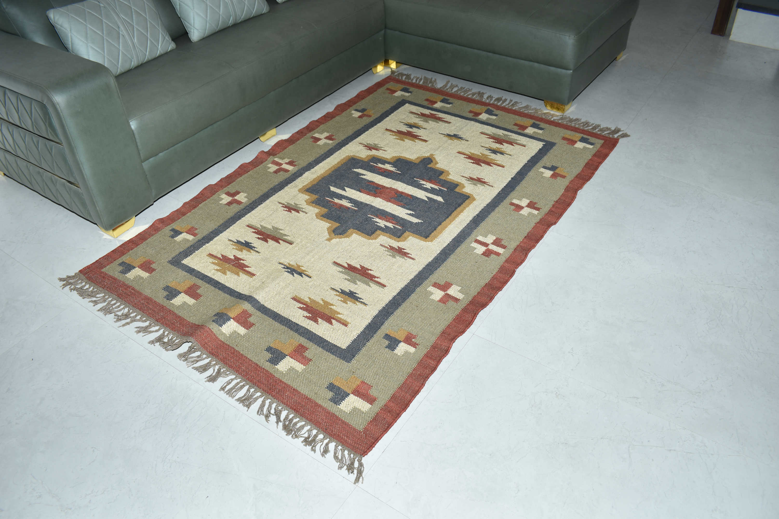 Wool Jute Rug Kilim Traditional Rustic Look Dhurrie Living Room Bedroom Carpet (KLM-08)