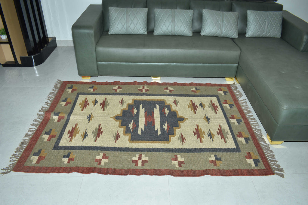 Wool Jute Rug Kilim Traditional Rustic Look Dhurrie Living Room Bedroom Carpet (KLM-08)