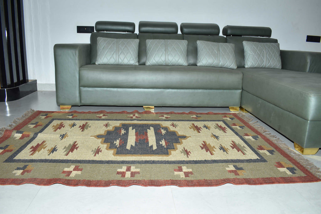 Wool Jute Rug Kilim Traditional Rustic Look Dhurrie Living Room Bedroom Carpet (KLM-08)