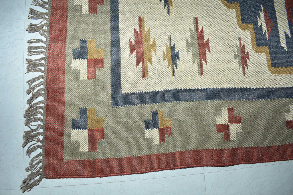 Wool Jute Rug Kilim Traditional Rustic Look Dhurrie Living Room Bedroom Carpet (KLM-08)