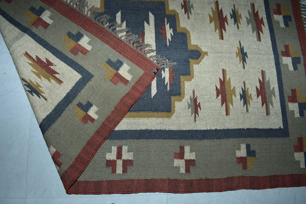 Wool Jute Rug Kilim Traditional Rustic Look Dhurrie Living Room Bedroom Carpet (KLM-08)