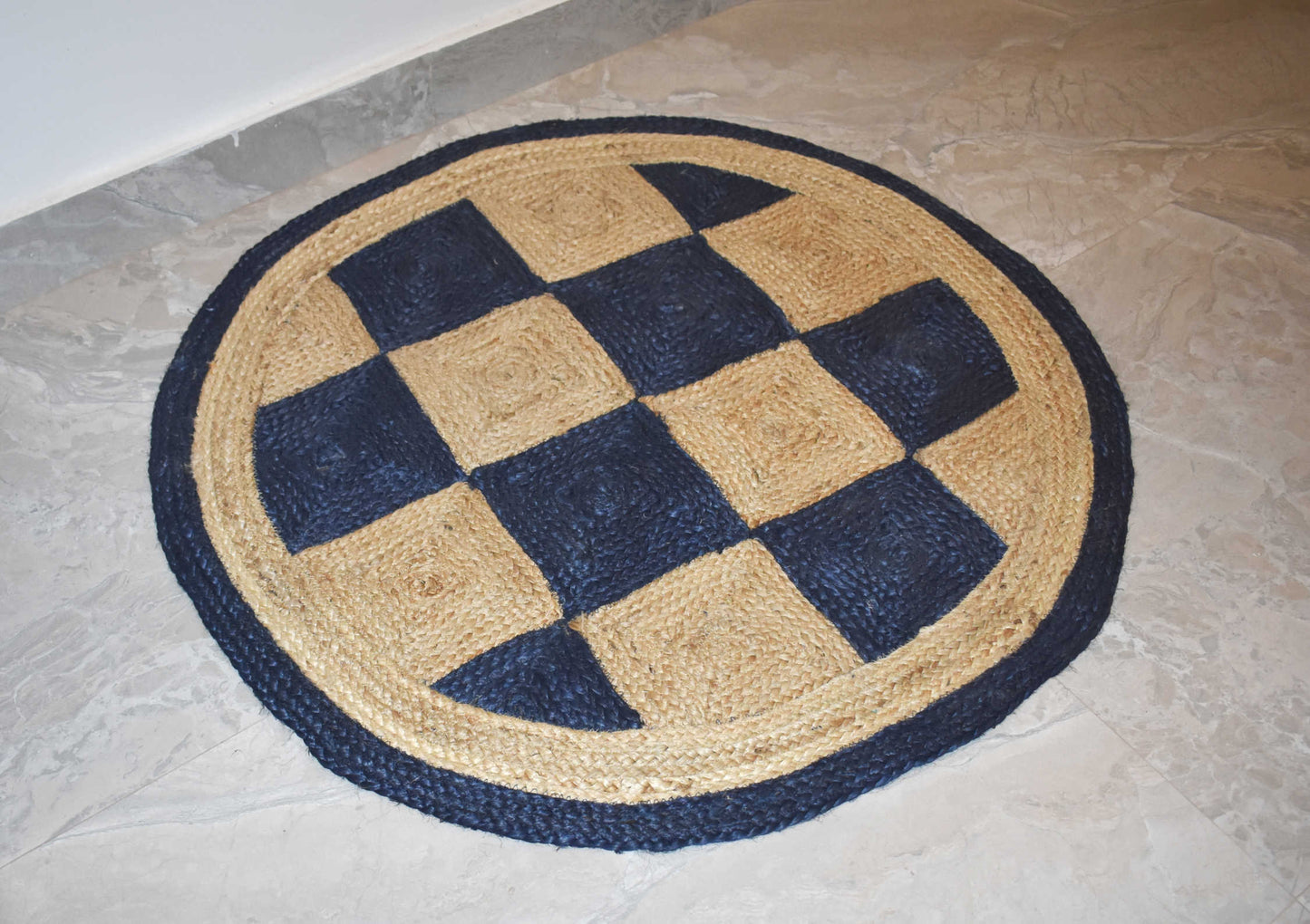 Ripaz Vogue - Floor Carpet 100% Natural Jute Hand Braided Latest Design Area Rug, Round, Beige & Blue