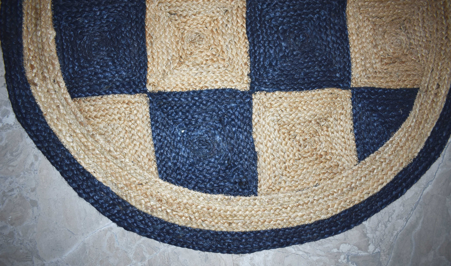 Ripaz Vogue - Floor Carpet 100% Natural Jute Hand Braided Latest Design Area Rug, Round, Beige & Blue