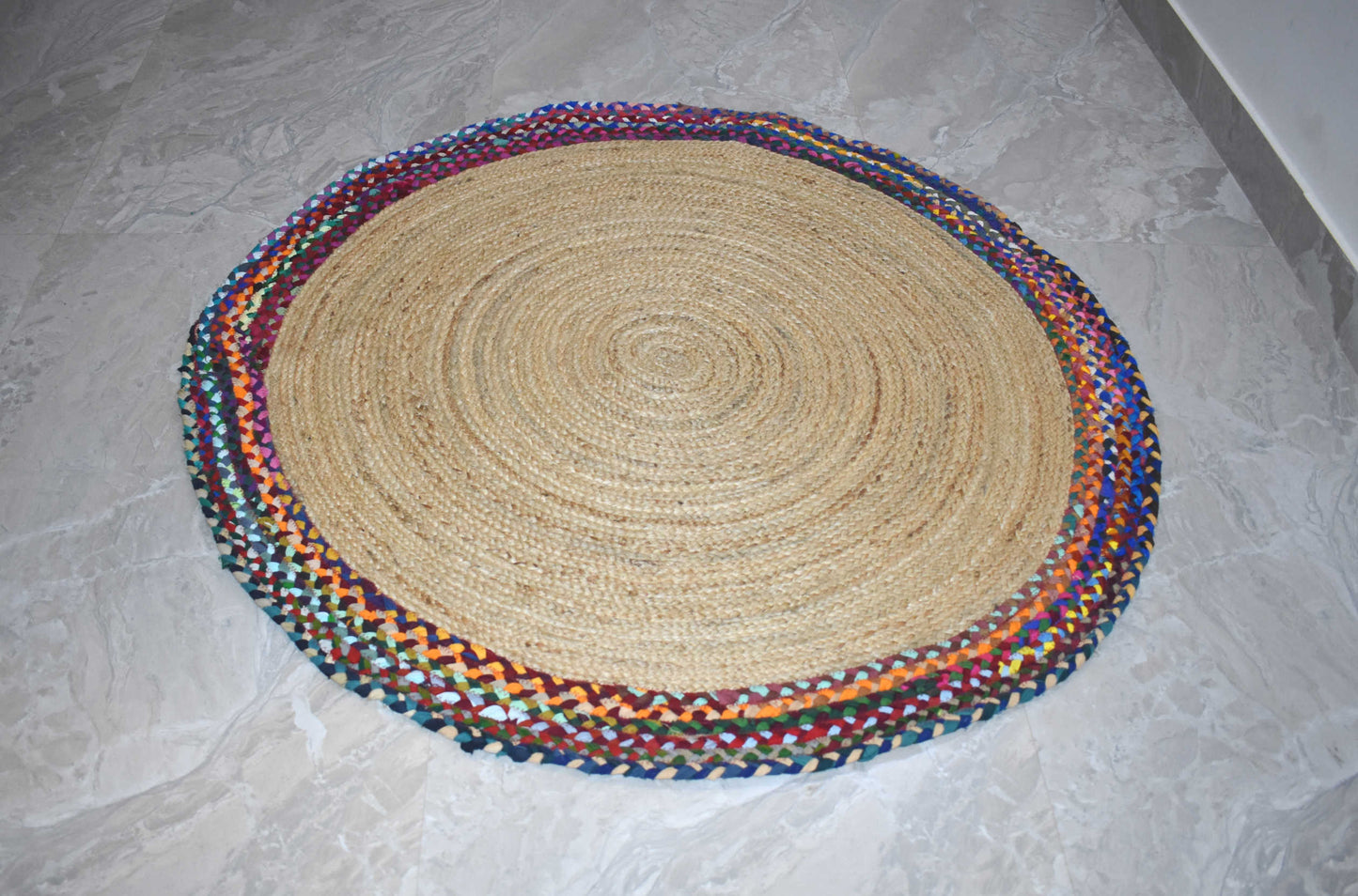 Ripaz Vogue - Floor Carpet 100% Natural Jute with Cotton Border Hand Braided Latest Design Area Rug, Round