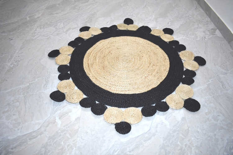 Ripaz Vogue - Rug Round 100% Natural Jute Hand Braided Latest Design Area Rug, Round, Beige & Black