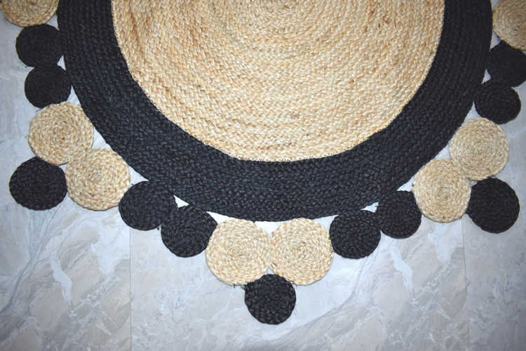 Ripaz Vogue - Rug Round 100% Natural Jute Hand Braided Latest Design Area Rug, Round, Beige & Black